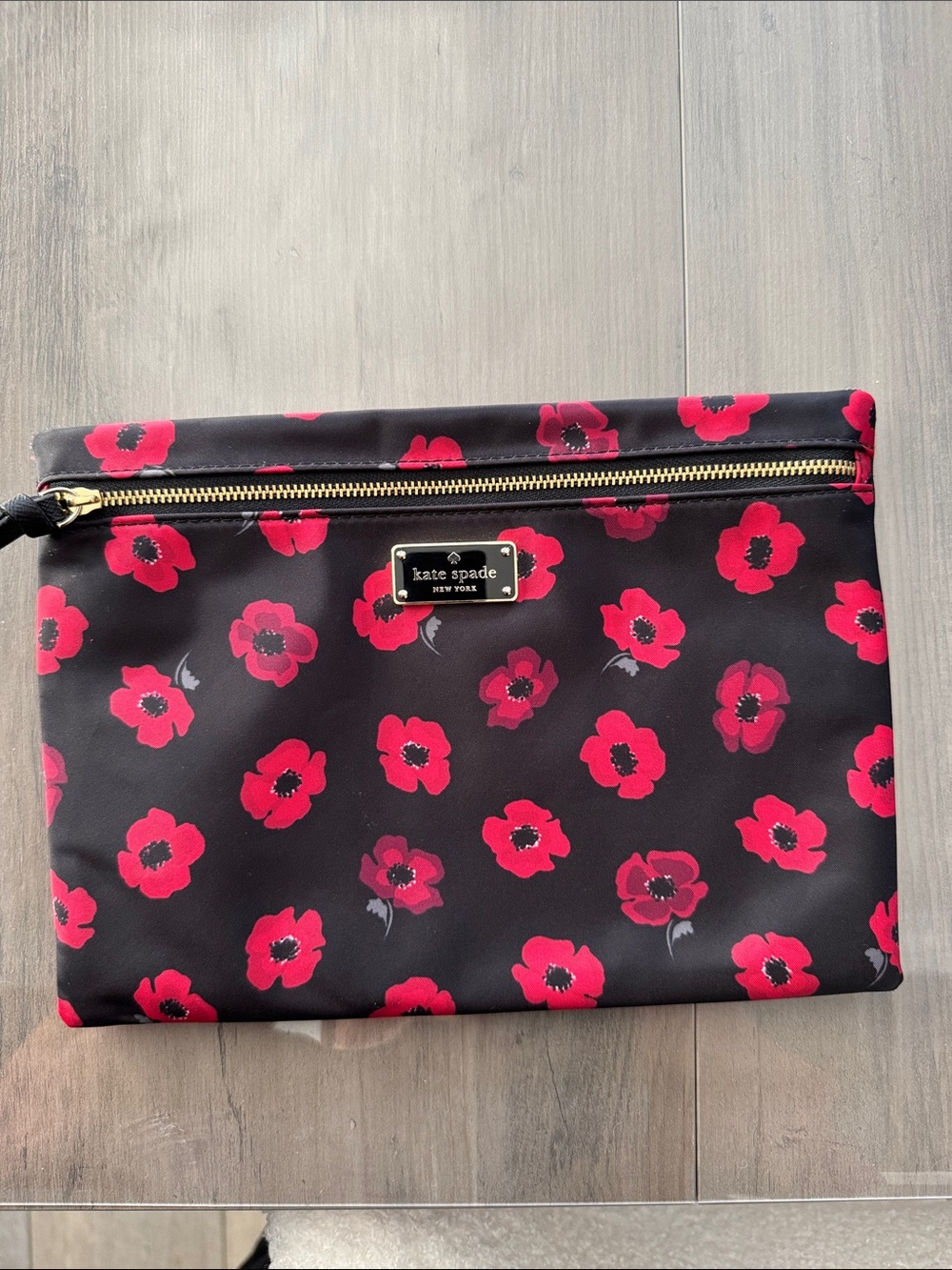 kate spade black cosmetic pouch with red floral print